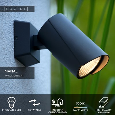 Lucide MANAL - Wall spotlight / Wall light Indoor/Outdoor - LED - 1x13W 3000K - IP65 - Anthracite